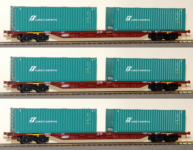 Set of 3 Container transport cars type Sggnss loaded with containers of FS-Cargo Chemical.<br /><a href='images/pictures/ACME/45009.jpg' target='_blank'>Full size image</a>
